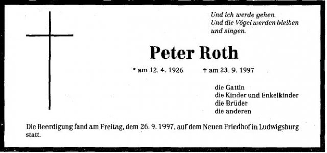 Roth Peter 1926-1997 Todesanzeige